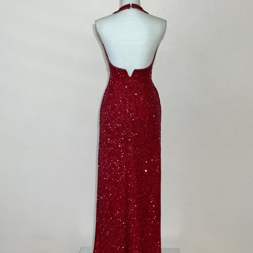 Scala Red Beaded And Sequin Halter Gown Size M - image 4